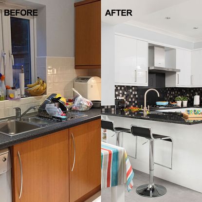 before and after makeover of kitchen with wooden cabinet 