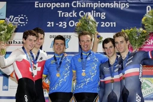 The men's madison podium