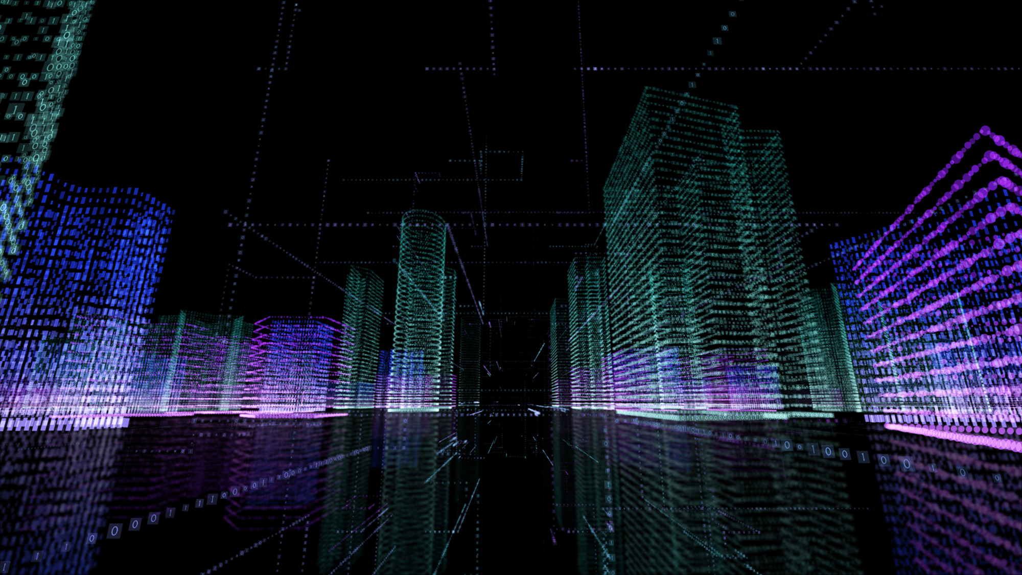 A colorful purple and green city scape is made of holograms.
