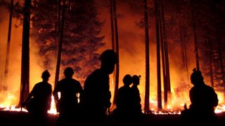 Firefighters in silhouette in front of forest fire