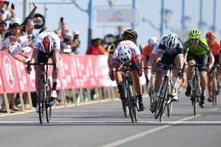 Alexander Kristoff (UAE Team Emirates) beats Coquard and Bouhanni to the line on stage 1 of the 2019 Tour of Oman