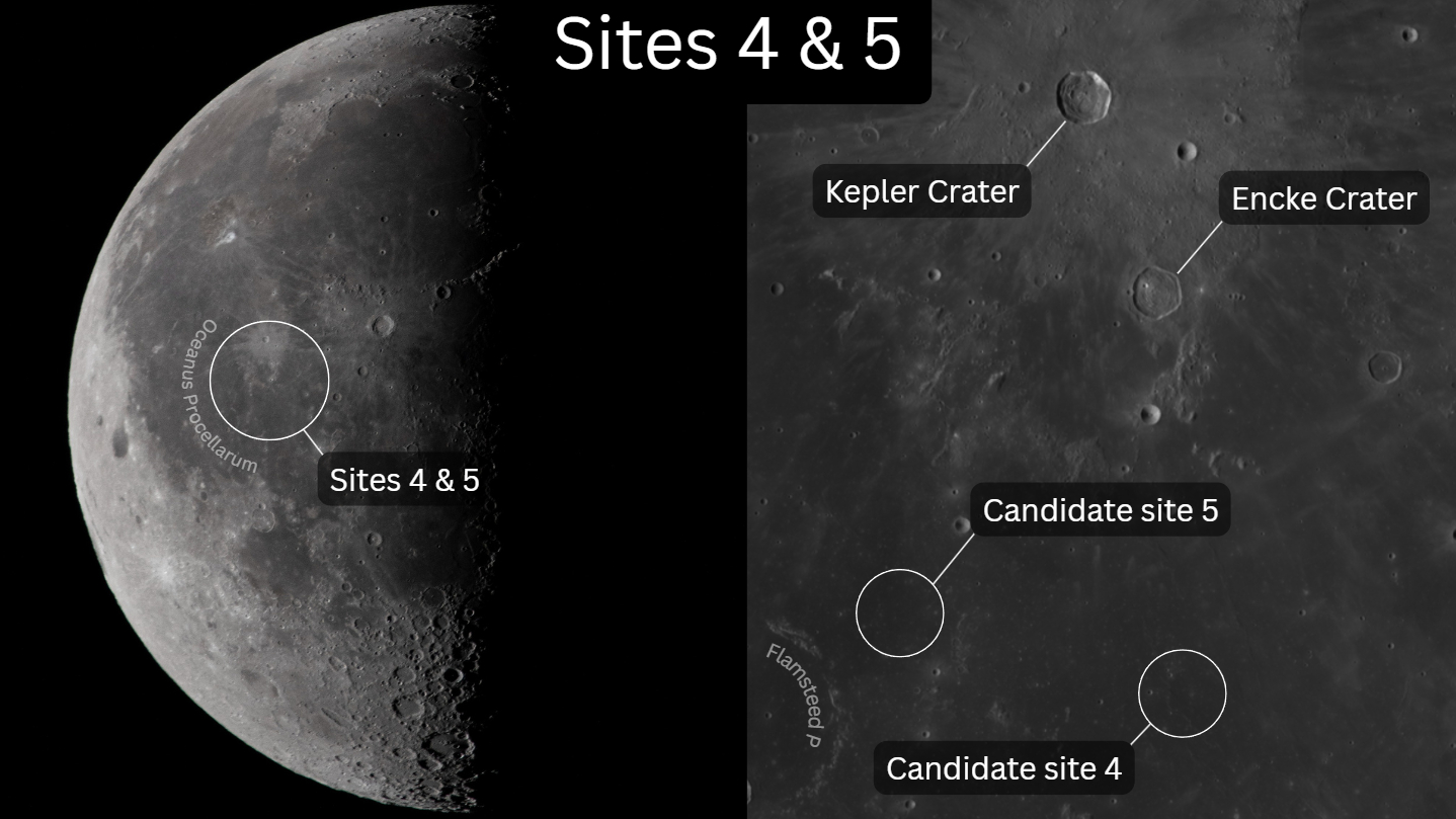 Two images side by side, the left looking at the moon from outer space and the right looking at a close up of the moon's surface with several features highlighted