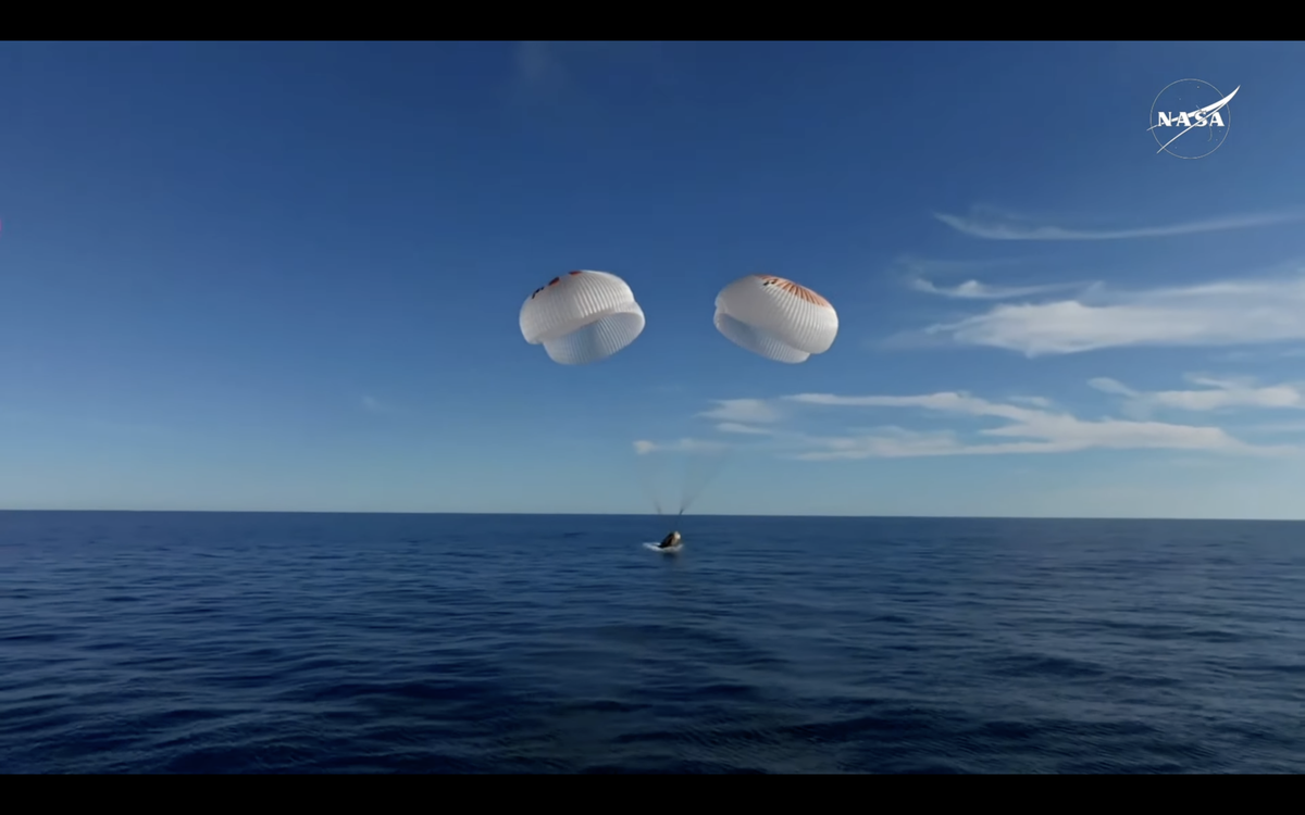 The SpaceX Crew-9 Dragon capsule Freedom splashes down off the coast of Florida on March 18, 2025.