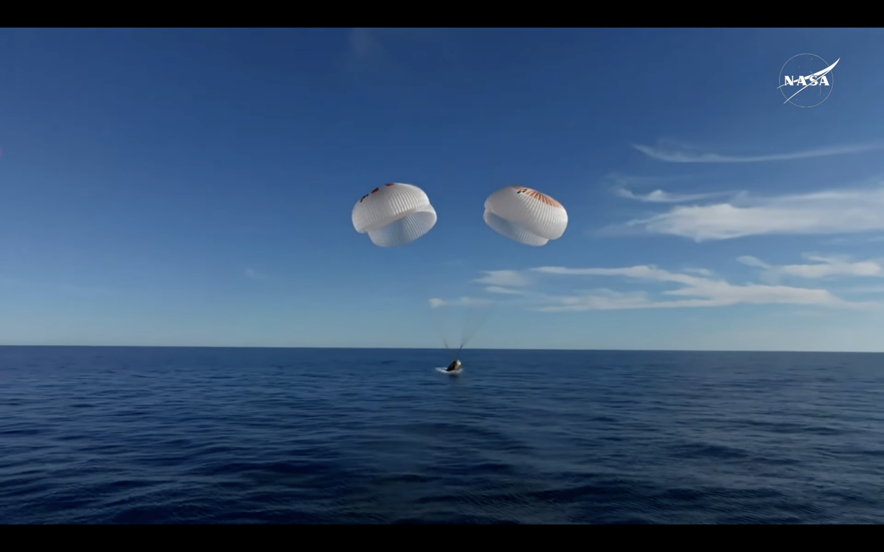 The SpaceX Crew-9 Dragon capsule Freedom splashes down off the coast of Florida on March 18, 2025.