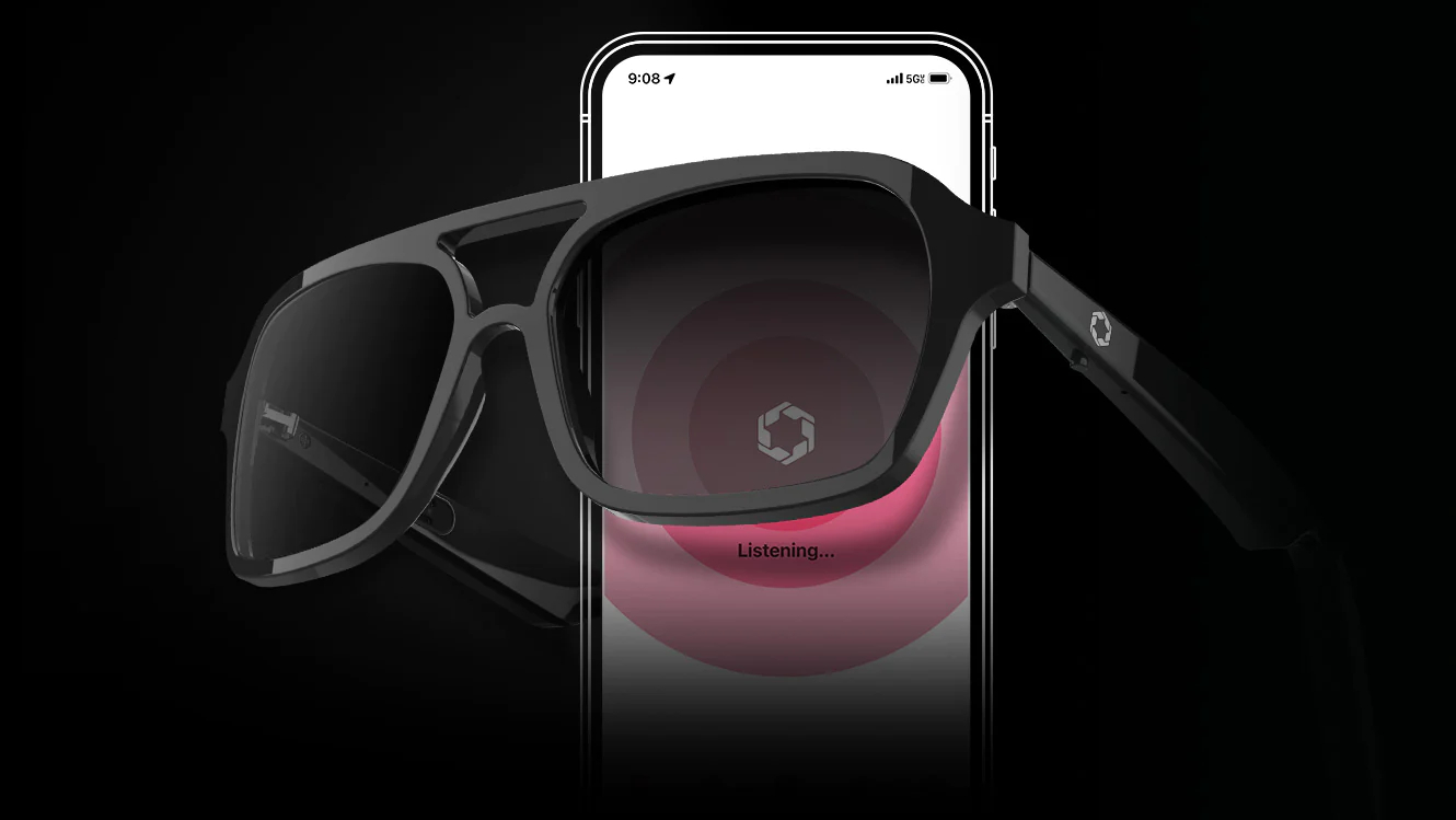 Lucyd Lyte glasses in front of an iPhone showing the ChatGPT logo