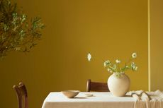 a dining room painted in olive paint 