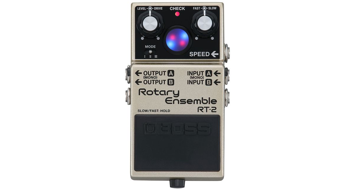 Boss RT-2 Rotary Ensemble: the compact unit emulates the sound of a rotating speaker cabinet and has a visual indicator on the front of its gold enclosure that shows the speed of the bass and treble rotors.