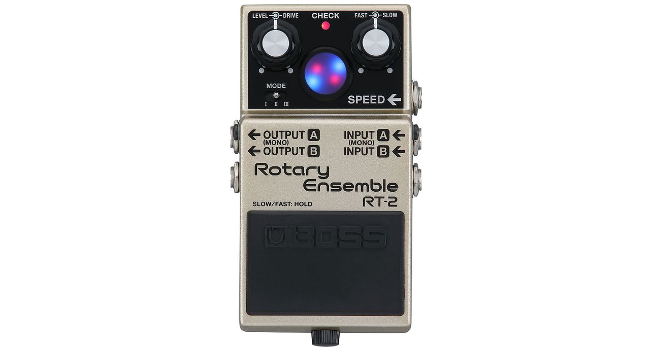 Boss RT-2 Rotary Ensemble: the compact unit emulates the sound of a rotating speaker cabinet and has a visual indicator on the front of its gold enclosure that shows the speed of the bass and treble rotors.
