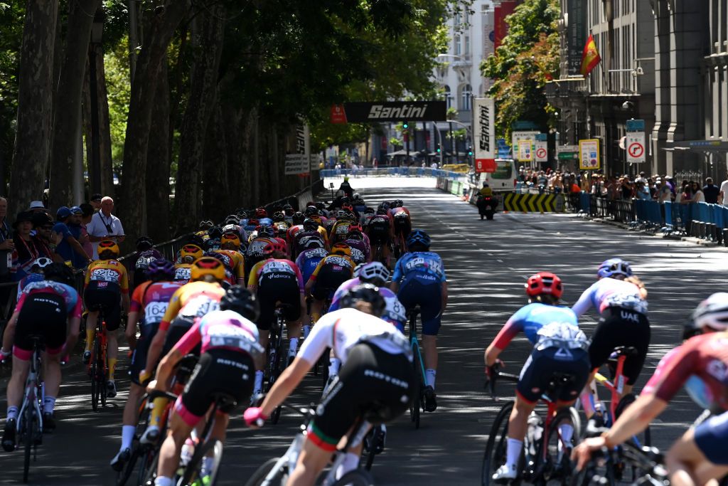MADRID SPAIN SEPTEMBER 11 A general view of the peloton competing during the 8th Ceratizit Challenge By La Vuelta 2022 Stage 5 a 957km stage from Madrid to Madrid CERATIZITChallenge22 UCIWWT on on September 11 2022 in Madrid Spain Photo by Justin SetterfieldGetty Images