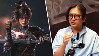 A vertically split image with the main character from Wuchang: Fallen Feathers with a sword placed on her left arm on the left side, and creator Xia Siyuan during an interview on the right.