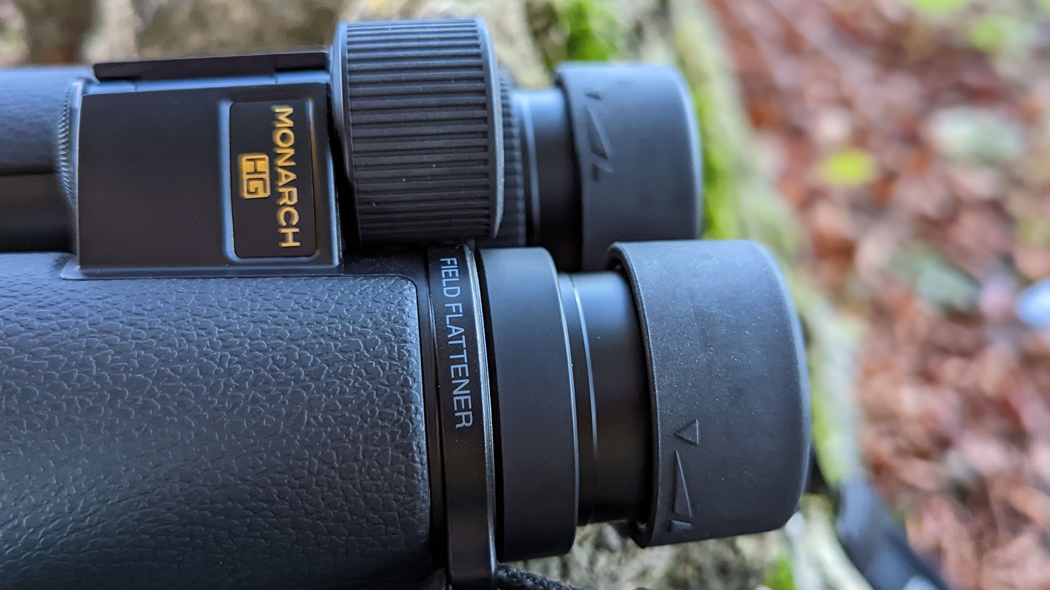 A close up view of the side of the Nikon Monarch HG 10x42 binoculars