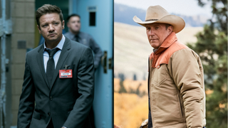 From left to right: press images of Jeremy Renner walking through a prison in Mayor of Kingstown and Kevin Costner looking back in Yellowstone.