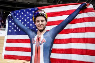 BERLIN GERMANY FEBRUARY 29 Chloe Dygert of USA celebrates after final of the Womens Individual Pursuit during day 4 of the UCI Track Cycling World Championships Berlin at Velodrom on February 29 2020 in Berlin Germany Photo by Maja HitijGetty Images