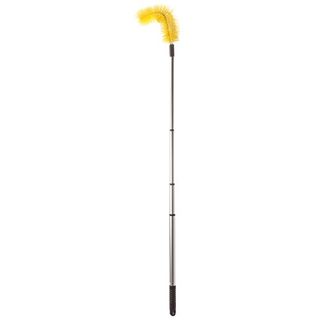 A long metal handle cleaning tool with a curved yellow brush on the end