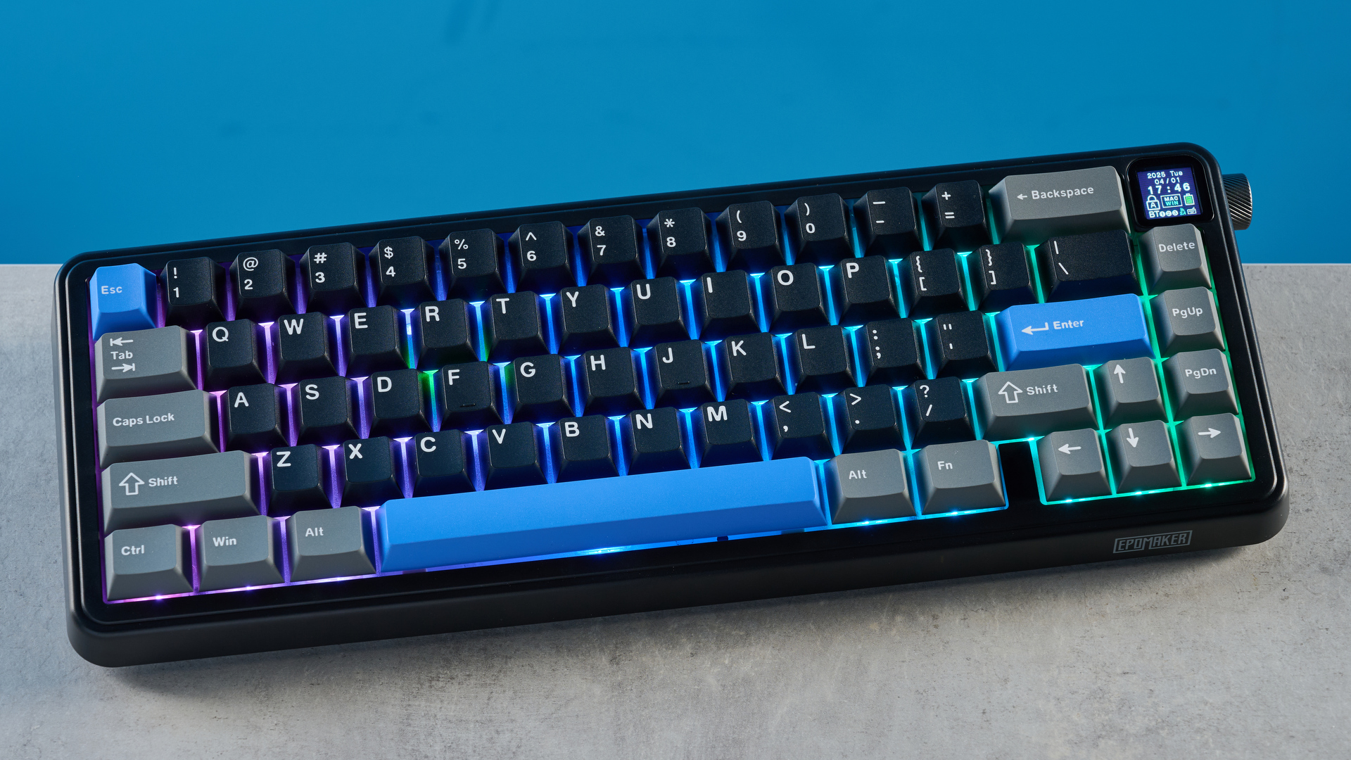 A black, gray and blue Epomaker HE65 Mag magnetic keyboard with Hall Effect switches