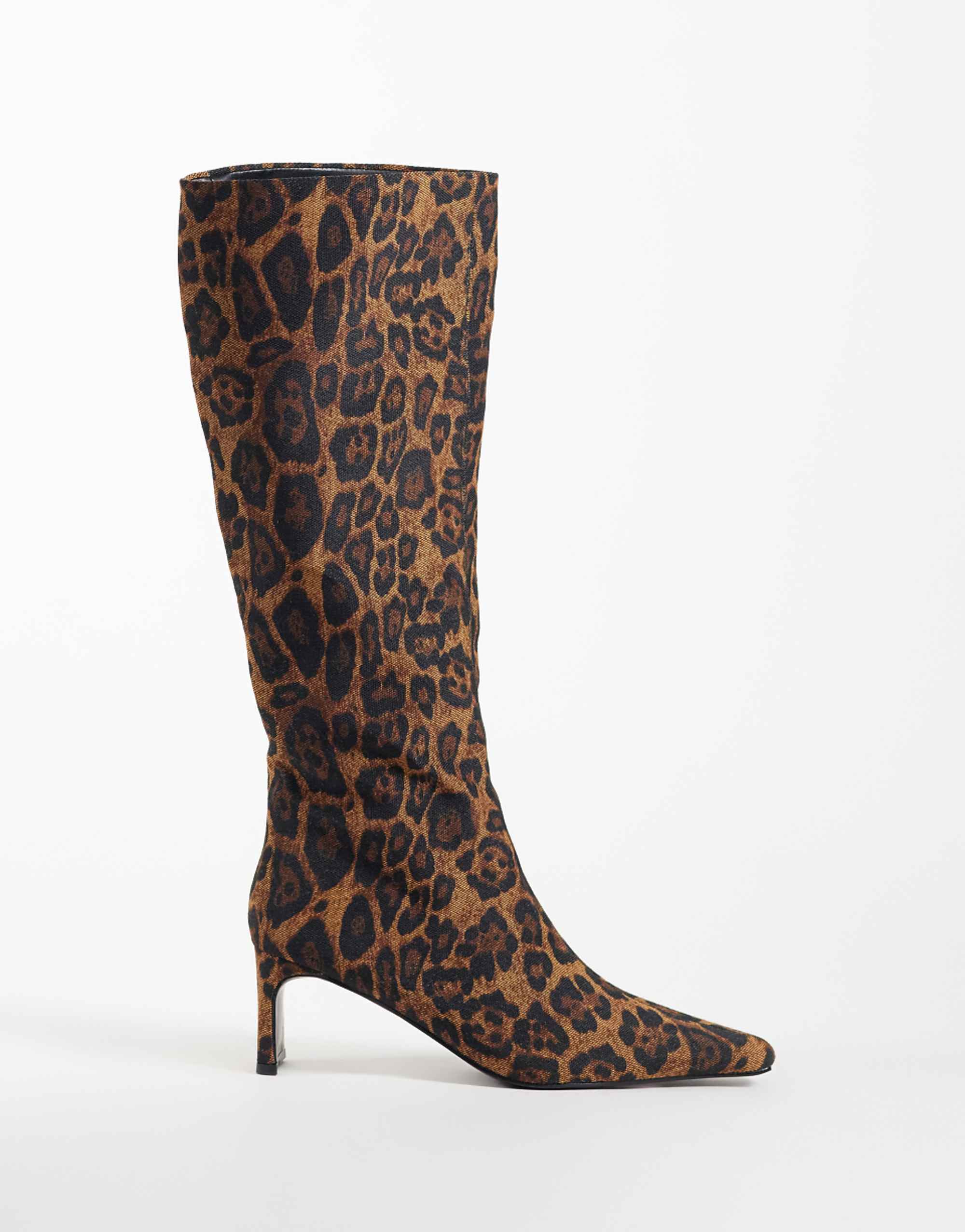 Asos Design Cedrick Chisel Toe Heeled Knee Boots in Leopard Print