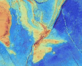 A bathymetric map of the lost continent of Zealandia.