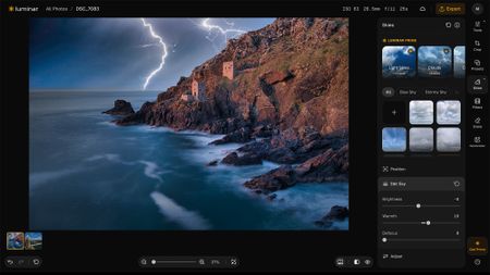 Screenshot from Luminar for Web showing Skies tool being used to add lightning to a seascape 