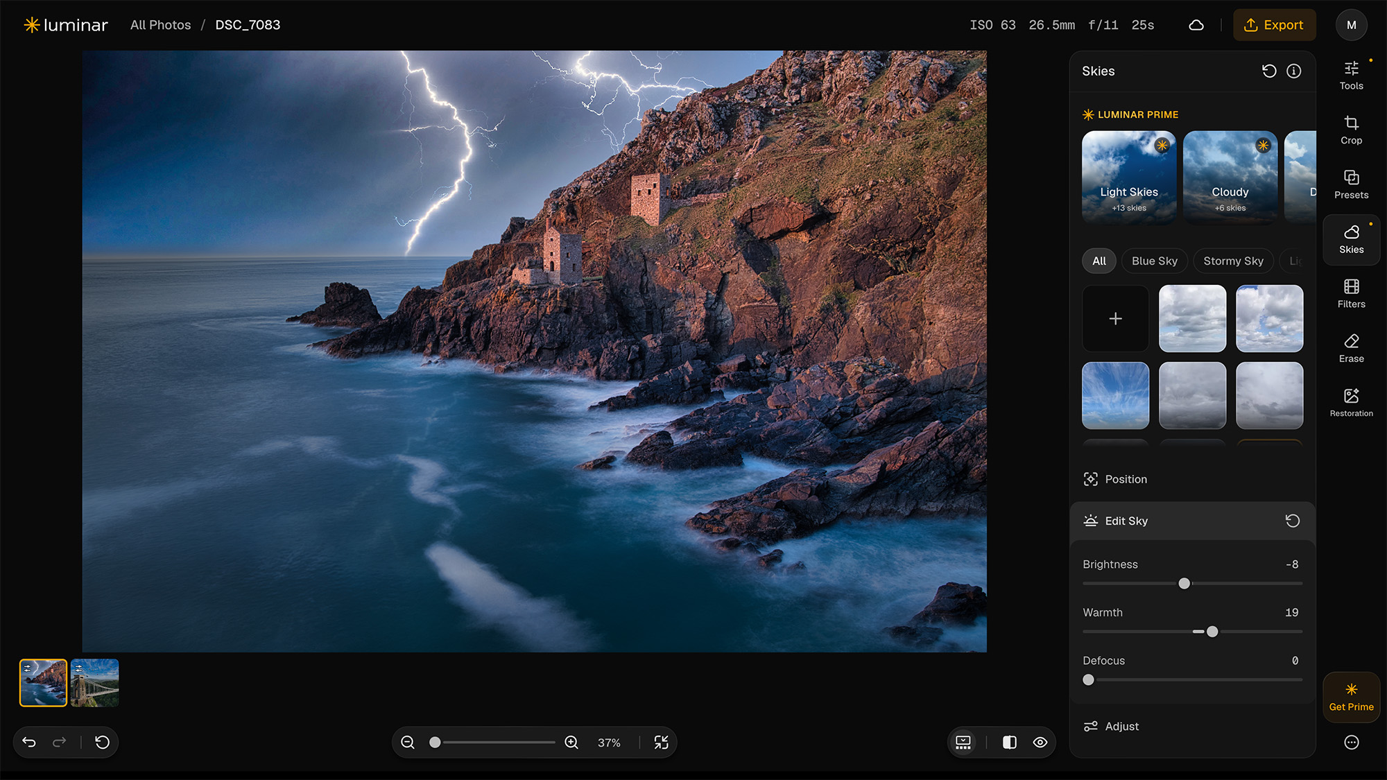 Screenshot from Luminar for Web showing Skies tool being used to add lightning to a seascape 