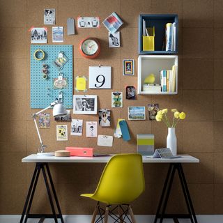 brown wall with white desk and yellow chair