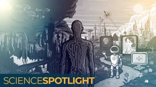 An illustration of a humanoid robot facing an apocalyptic scene on his left and a utopian scene on his right