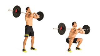 Man demonstrates two positions of the barbell front squat