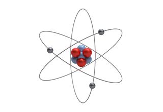 A stylized representation of a lithium atom illustrates Niels Bohr's atomic model, that an atom is a small, positively charged nucleus surrounded by orbiting electrons.