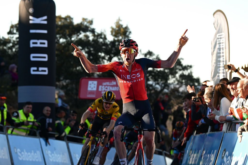 ALTURA SPAIN FEBRUARY 04 aTao Geoghegan Hart of The United Kingdom and Team INEOS Grenadiers celebrates at finish line as stage winner during the 74th Volta a la Comunitat Valenciana 2023 Stage 4 a 1816km stage from Burriana to Alto de la Cueva Santa Altura 832m VCV2023 VoltaValenciana on February 04 2023 in Altura Spain Photo by Dario BelingheriGetty Images