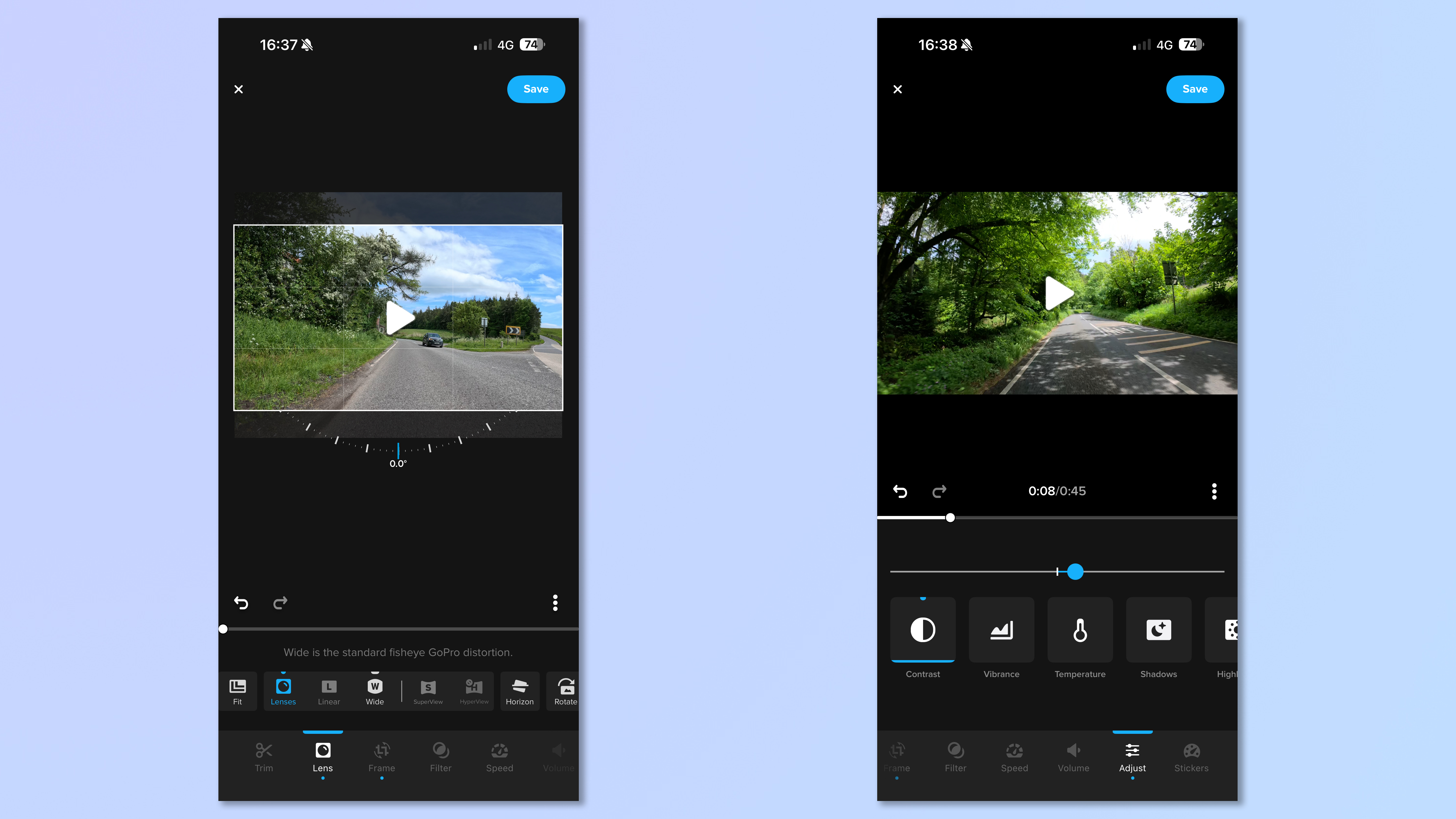 Two screenshots of the GoPro Quik app being used to edit footage shot on the GoPro Mission 1 Pro