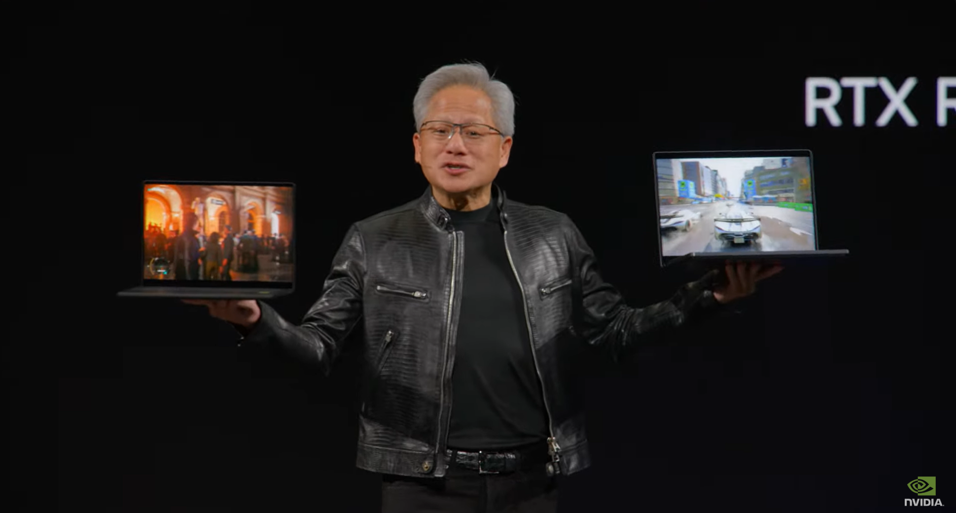 Nvidia's CEO Jensen Huang on stage at GTC in Taiwan with the new RTX Spark.