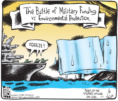 Political Cartoon U.S. Military funding vs. environmental protection melting glaciers