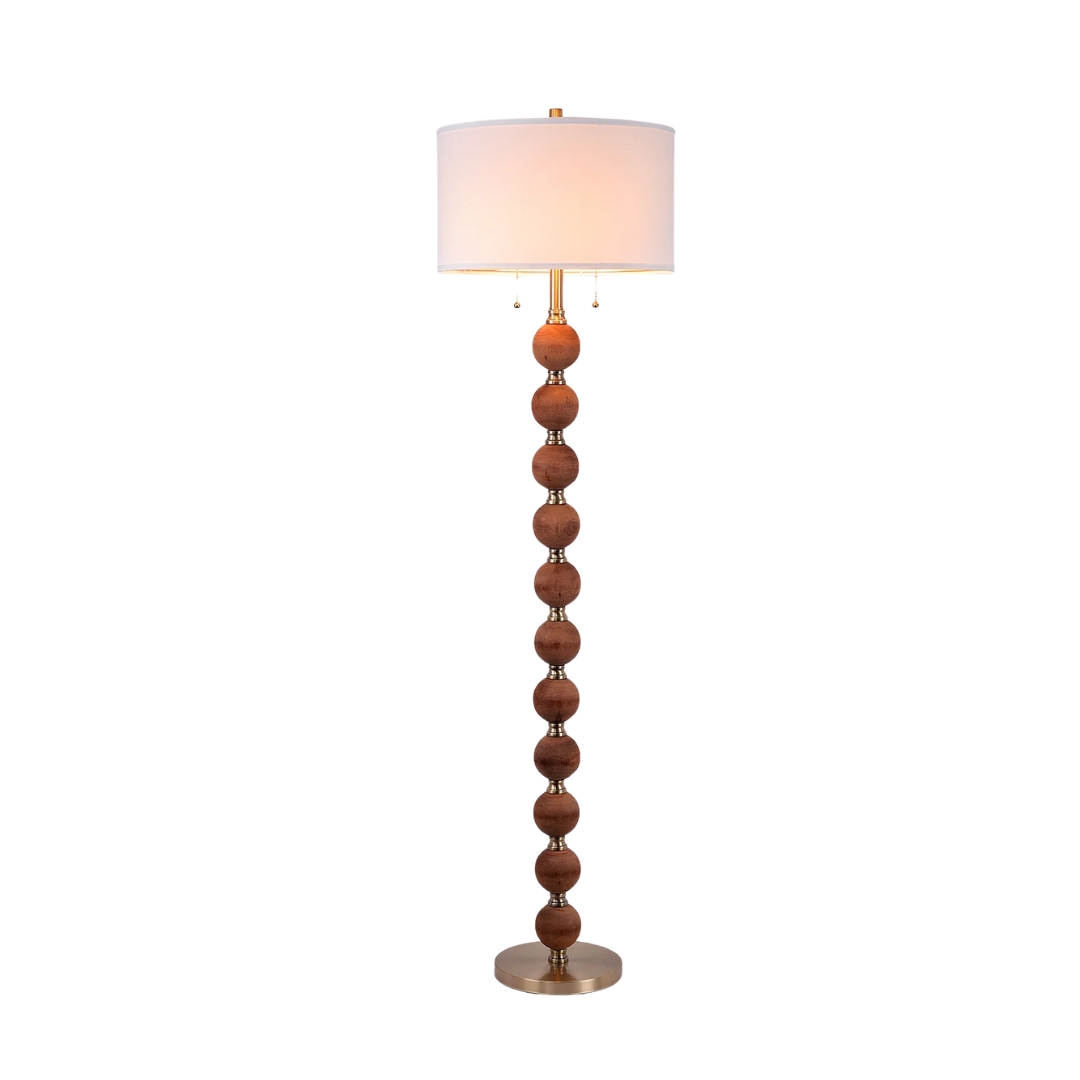 64&#039;&#039; 2-Light Floor Lamp With Crisp White Linen Shade, Independent Dual Pull Chain, Antique Gold Metal, Sculptural Elegance, Stacked Wood Ball, Standing Lamp(bulbs Not Included)