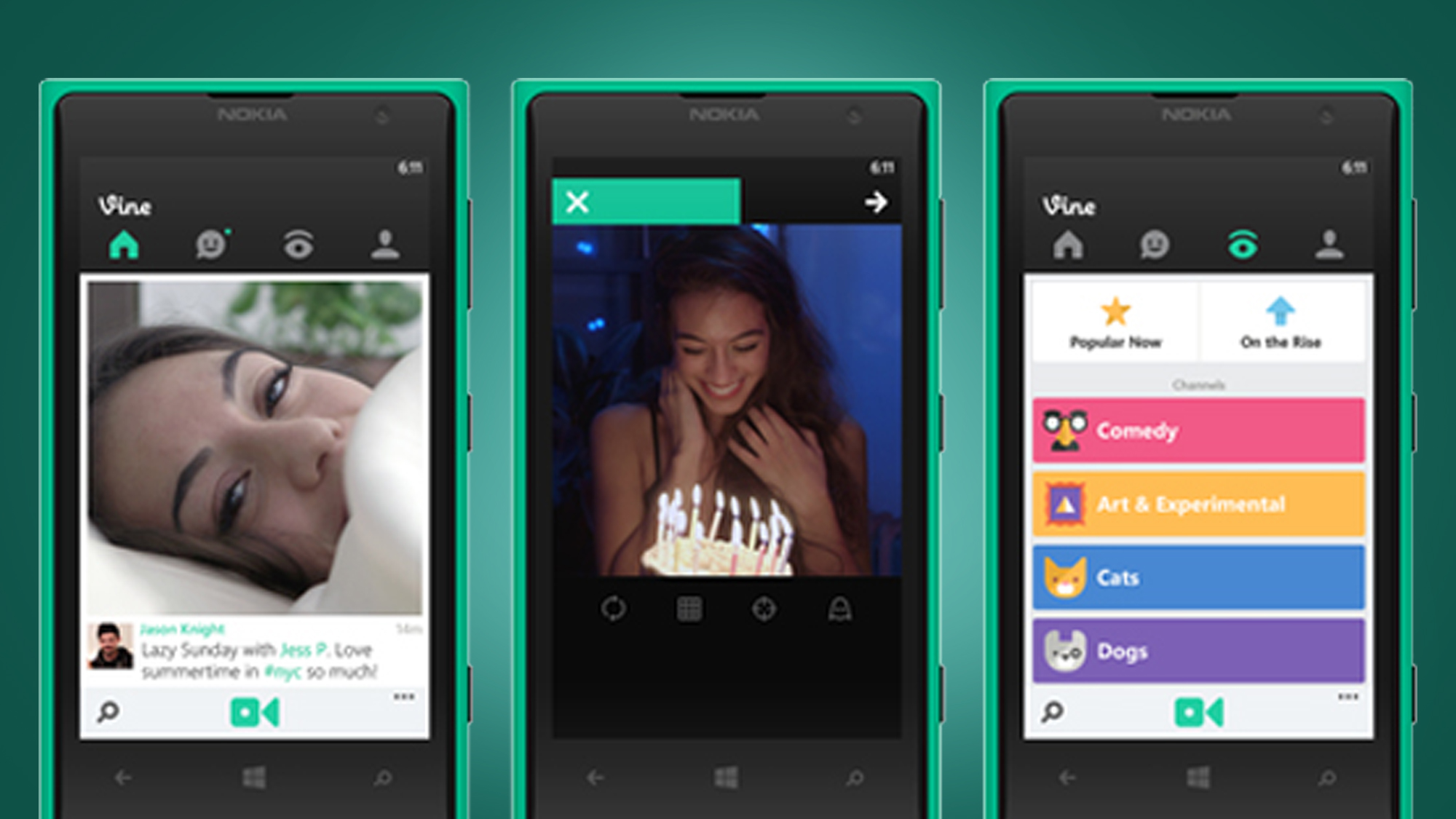 Three phones showing the Vine video sharing app