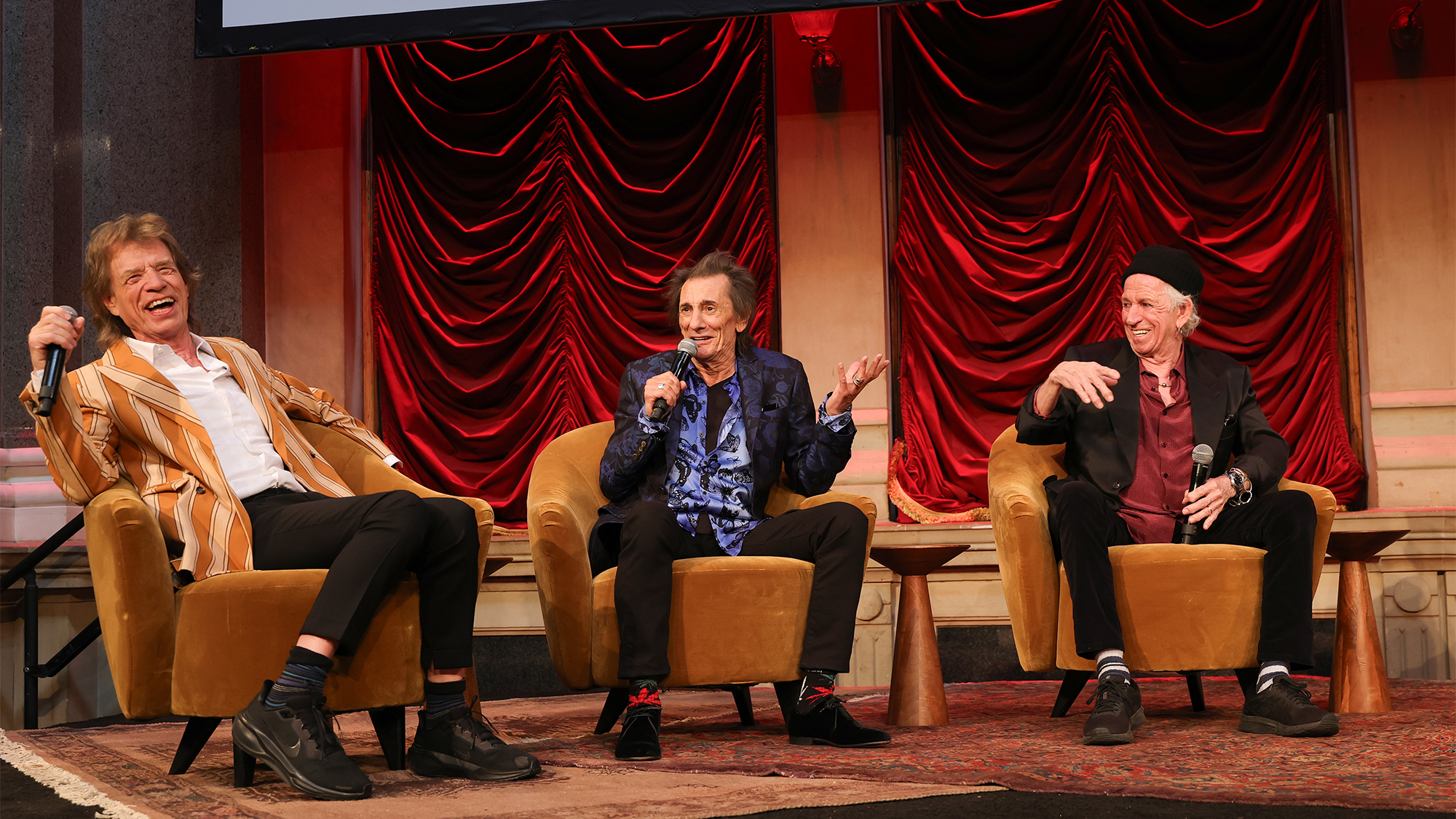 Mick Jagger, Ronnie Wood and Keith Richards speak onstage during the exclusive launch event of The Rolling Stones new album &amp;ldquo;Foreign Tongues&amp;rdquo; at Weylin on May 5, 2026 in Brooklyn, NY.