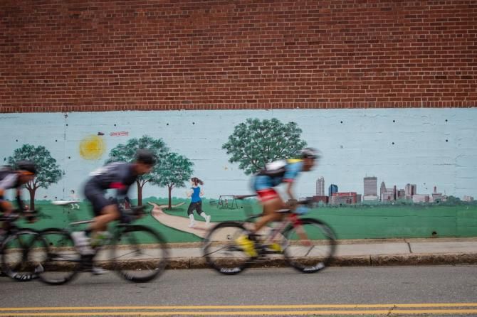 Riding through downtown Winston Salem.