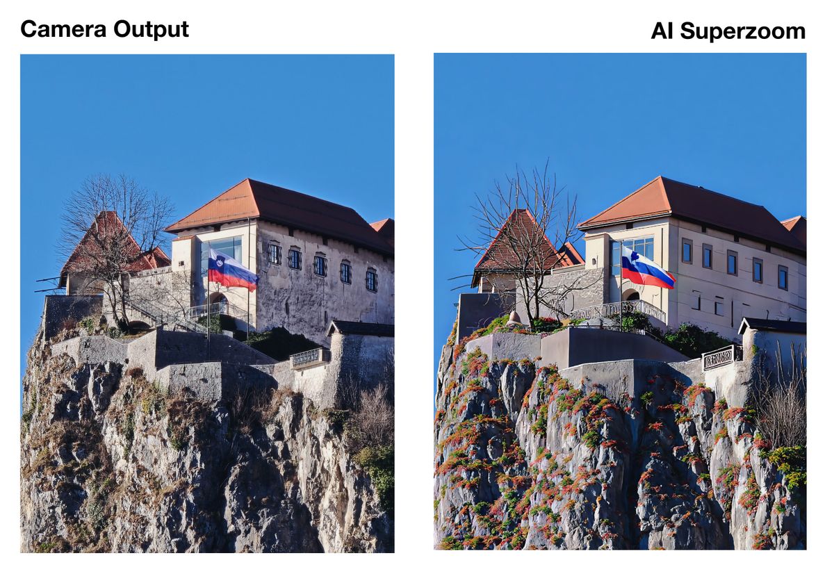 Two matching pictures of a castle on a hill side by side, the image on the right has been enhanced by AI