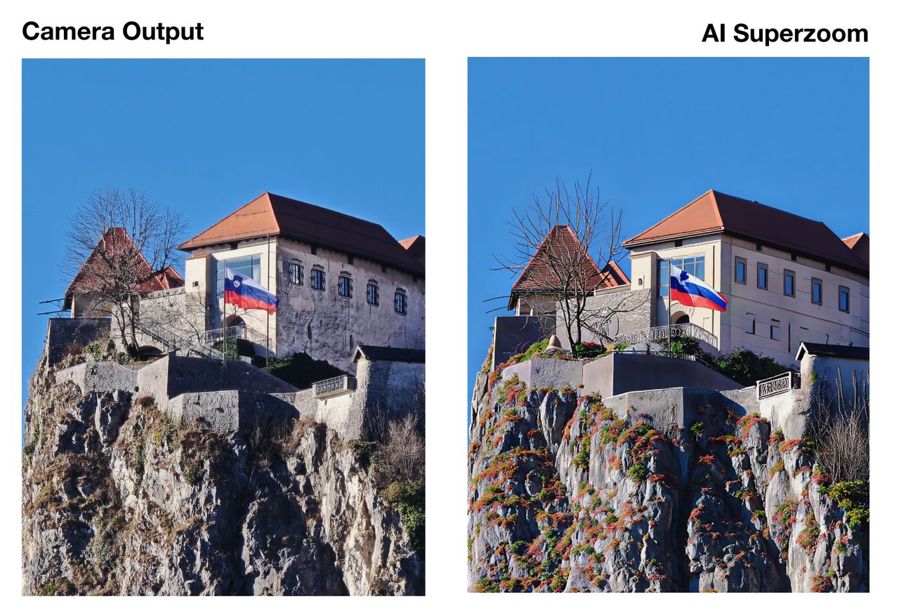 Two matching pictures of a castle on a hill side by side, the image on the right has been enhanced by AI