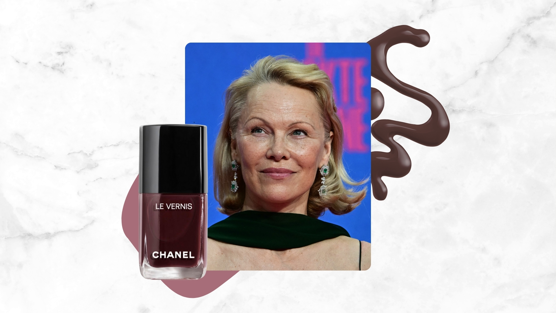 Pamela Anderson is pictured with a wavy bob hairstyle and wearing a black dress and neck scarf on the red carpet upon arrival for the German Premier of &quot;Naked Gun&quot; in Berlin, on July 24, 2025/ alongside a product shot of Chanel&#039;s Rouge Noir nail polish as well as a burgundy nail polish spill/ all featured on a white and grey marble-effect template