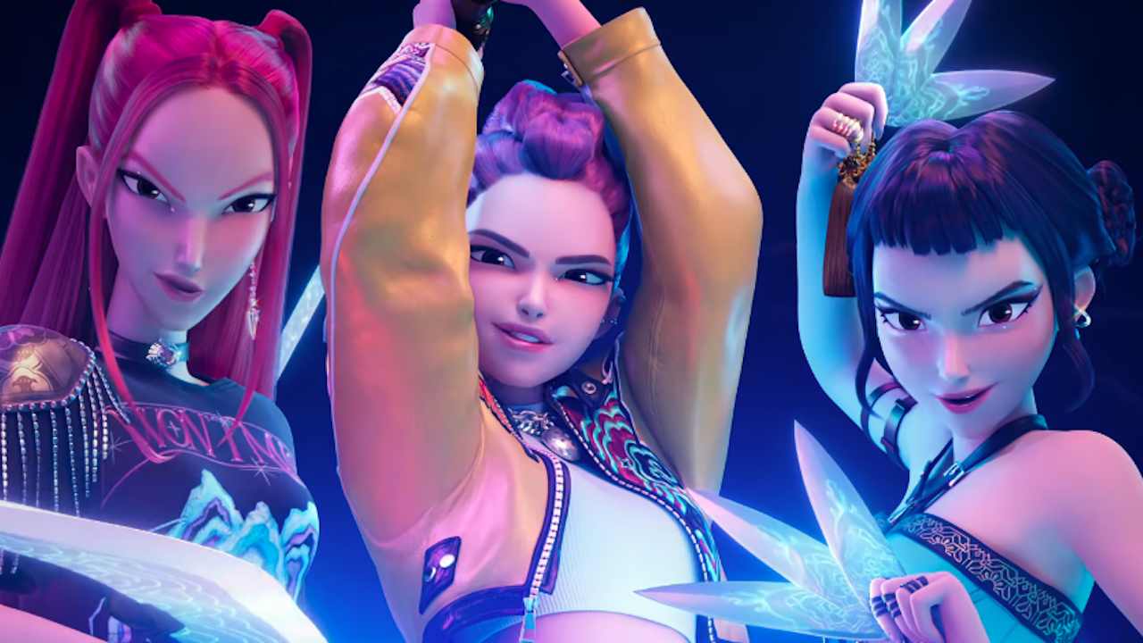 Kpop Demon Huntersでの戦いのためにポーズをとるMira、Rumi、Zoey