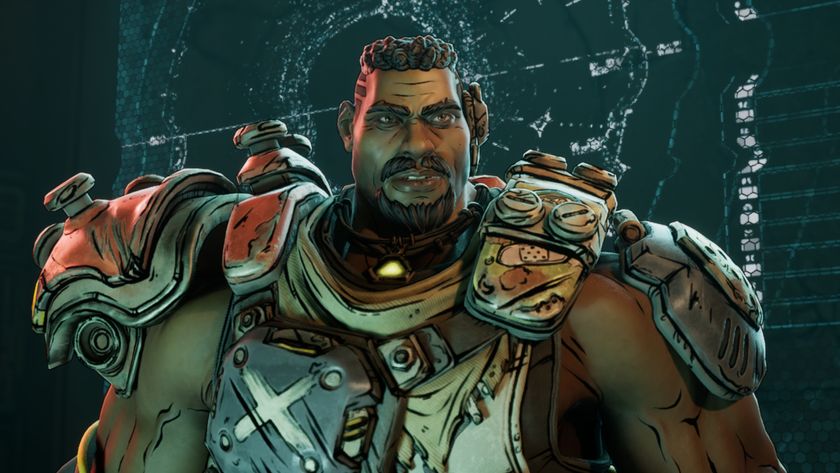 Borderlands 4 Kickballer location: An upper-body shot of Rush taken from a cutscene, where he&#039;s talking in front of a screen.