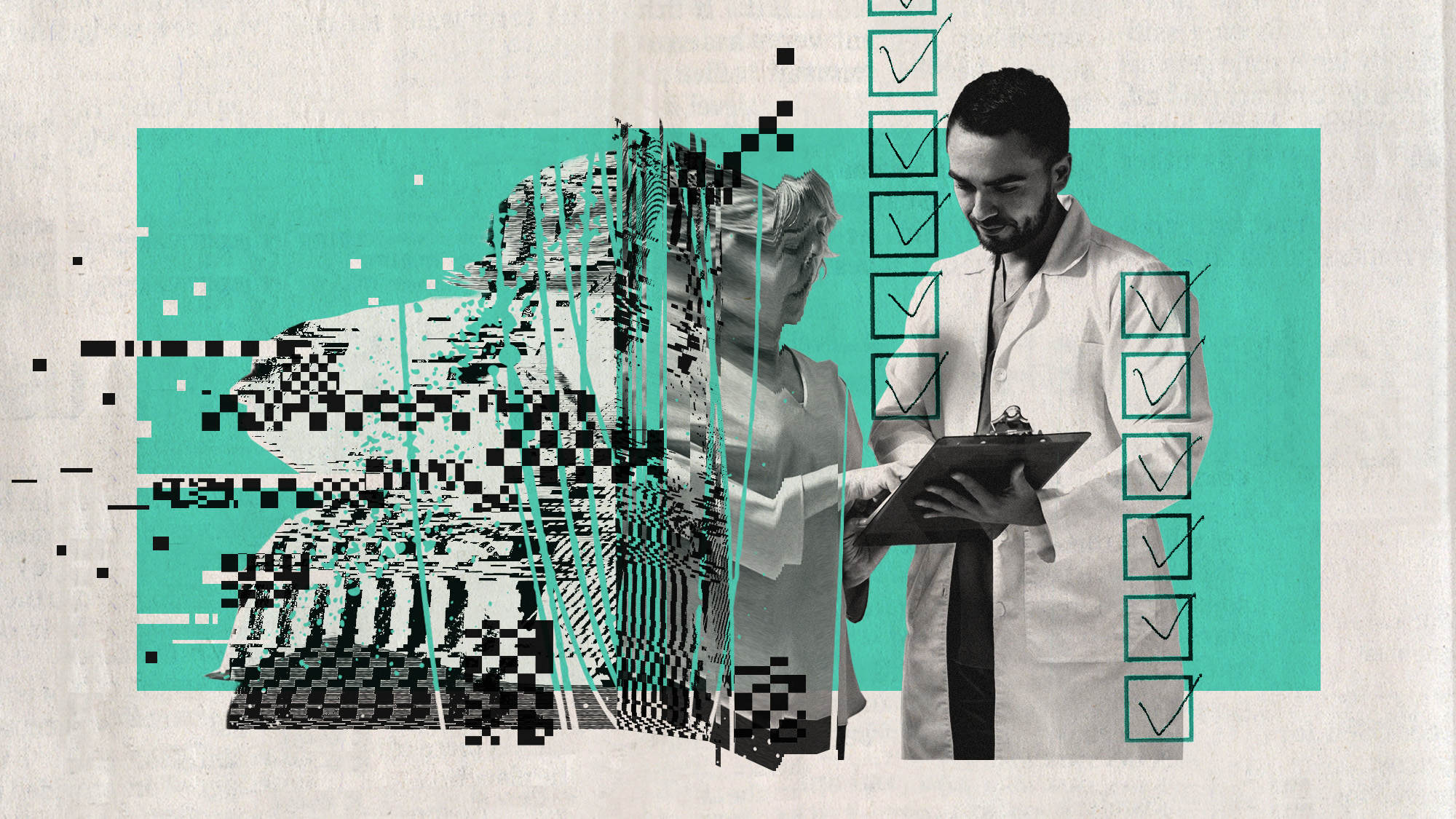 Photo collage of a man in a lab coat holding a clipboard for a woman to sign; her appearance distorts and glitches out into a cloud of pixels