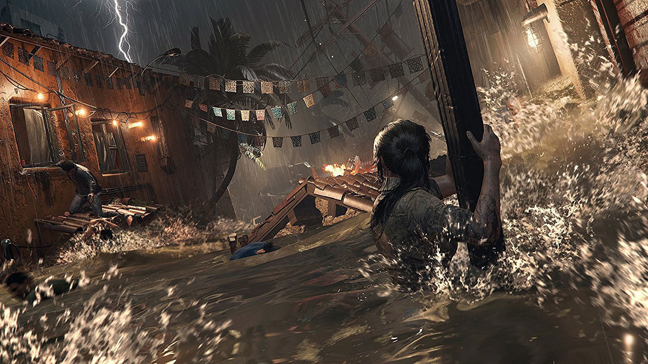Shadow of the Tomb Raider, Lara Croft holding onto a post amidst rushing water - Best Ps4 Pro Games