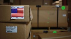A 'Made in USA' sticker is seen on a box of weightlifting equipment in Falmouth, Kentucky