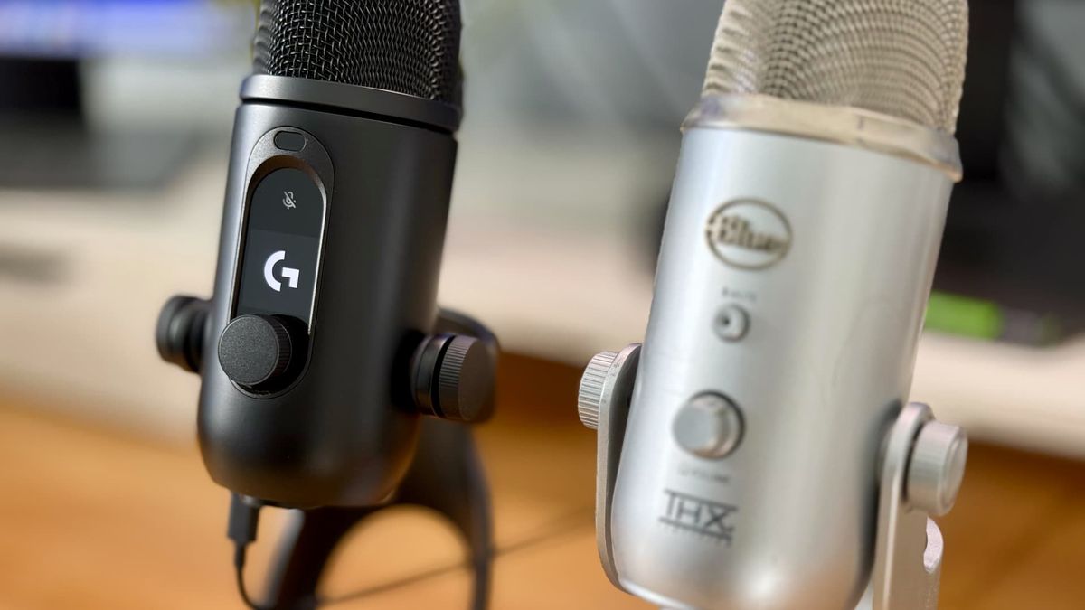 The Logitech Yeti 2 microphone on a desk.