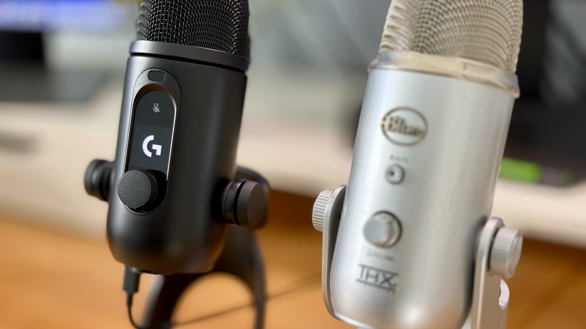 The Logitech Yeti 2 microphone on a desk.