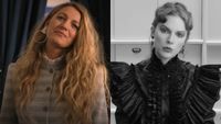 From left to right: Blake Lively in Another Simple Favor tilting her head to the right and Taylor Swift in the Fortnight music video looking forward. 