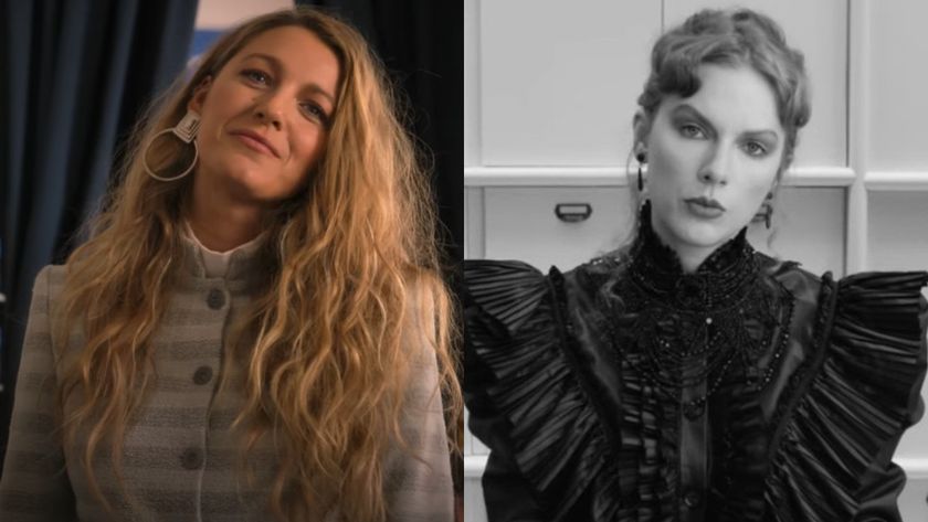 From left to right: Blake Lively in Another Simple Favor tilting her head to the right and Taylor Swift in the Fortnight music video looking forward. 
