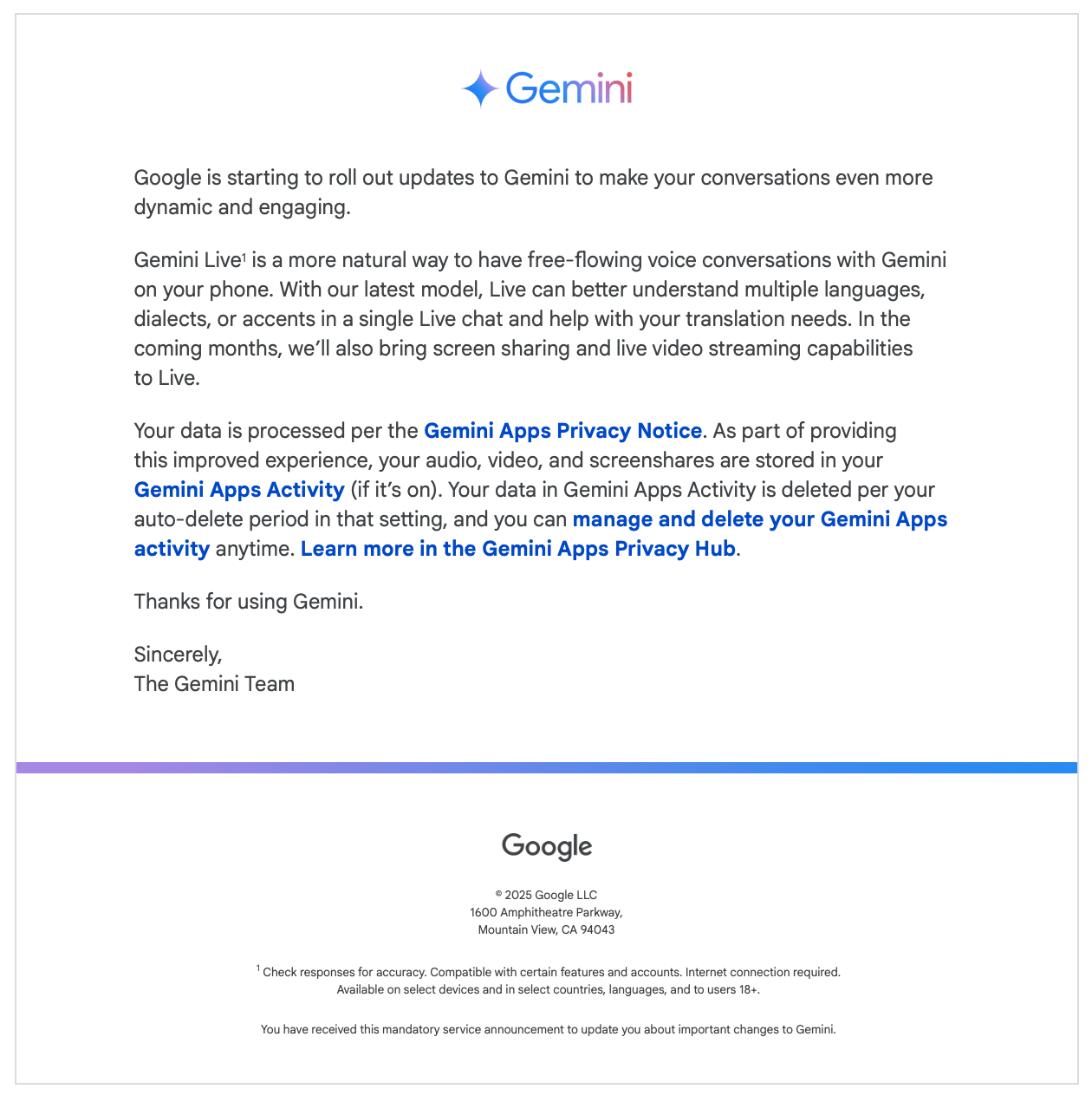 A screenshot of an email from Google about Gemini Live updates.