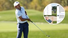 Main image of James Nicholas hitting an iron shot at the 2025 Korn Ferry Tour Championship and an inset screenshot of Nicholas explaining his 2025 finances