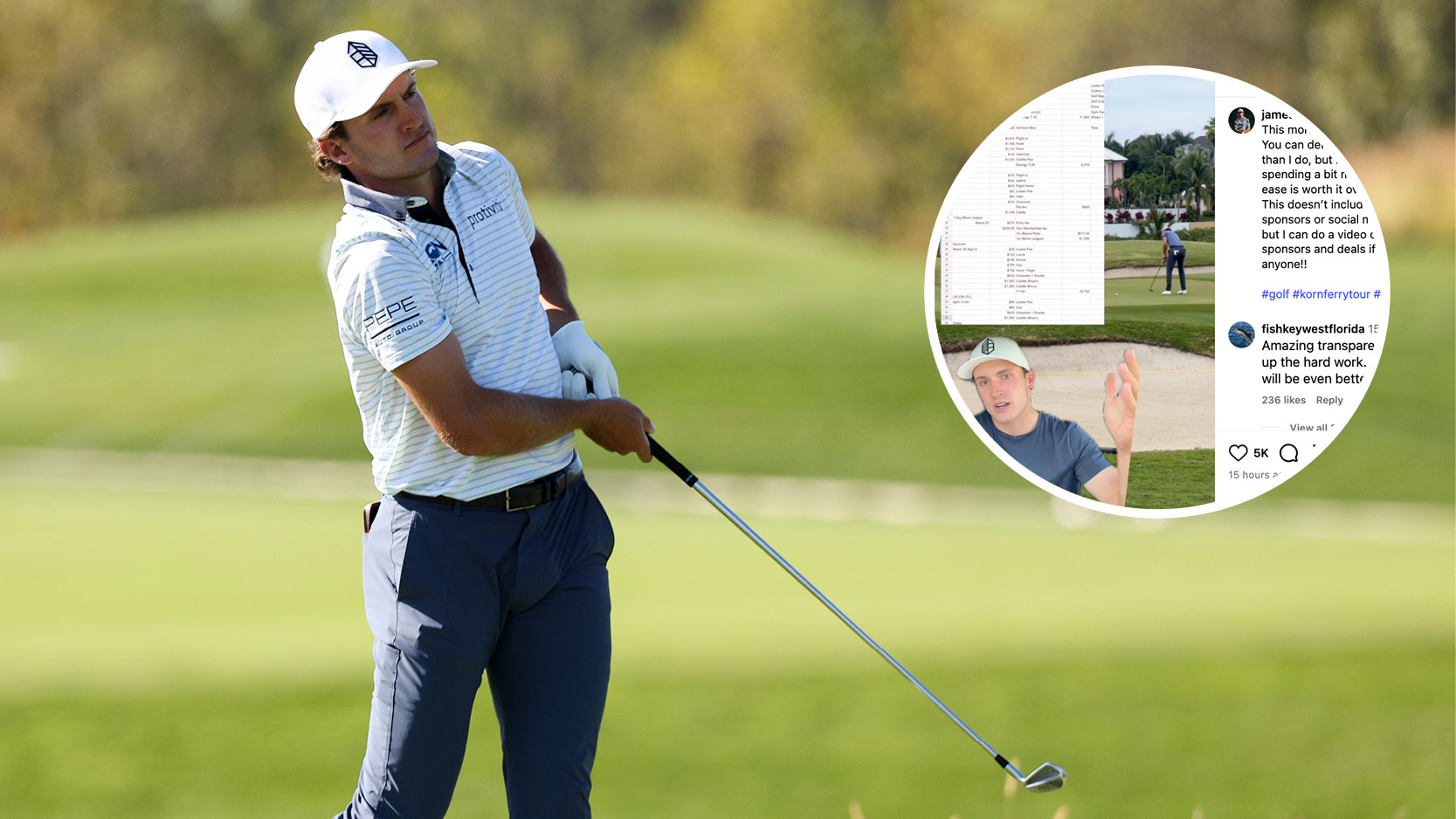Main image of James Nicholas hitting an iron shot at the 2025 Korn Ferry Tour Championship and an inset screenshot of Nicholas explaining his 2025 finances